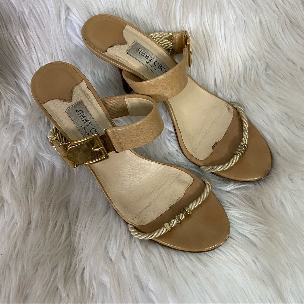 Jimmy Choo Tan Italian Leather & Rope strap Slip On Buckle Heels Sandals 39.5 9
